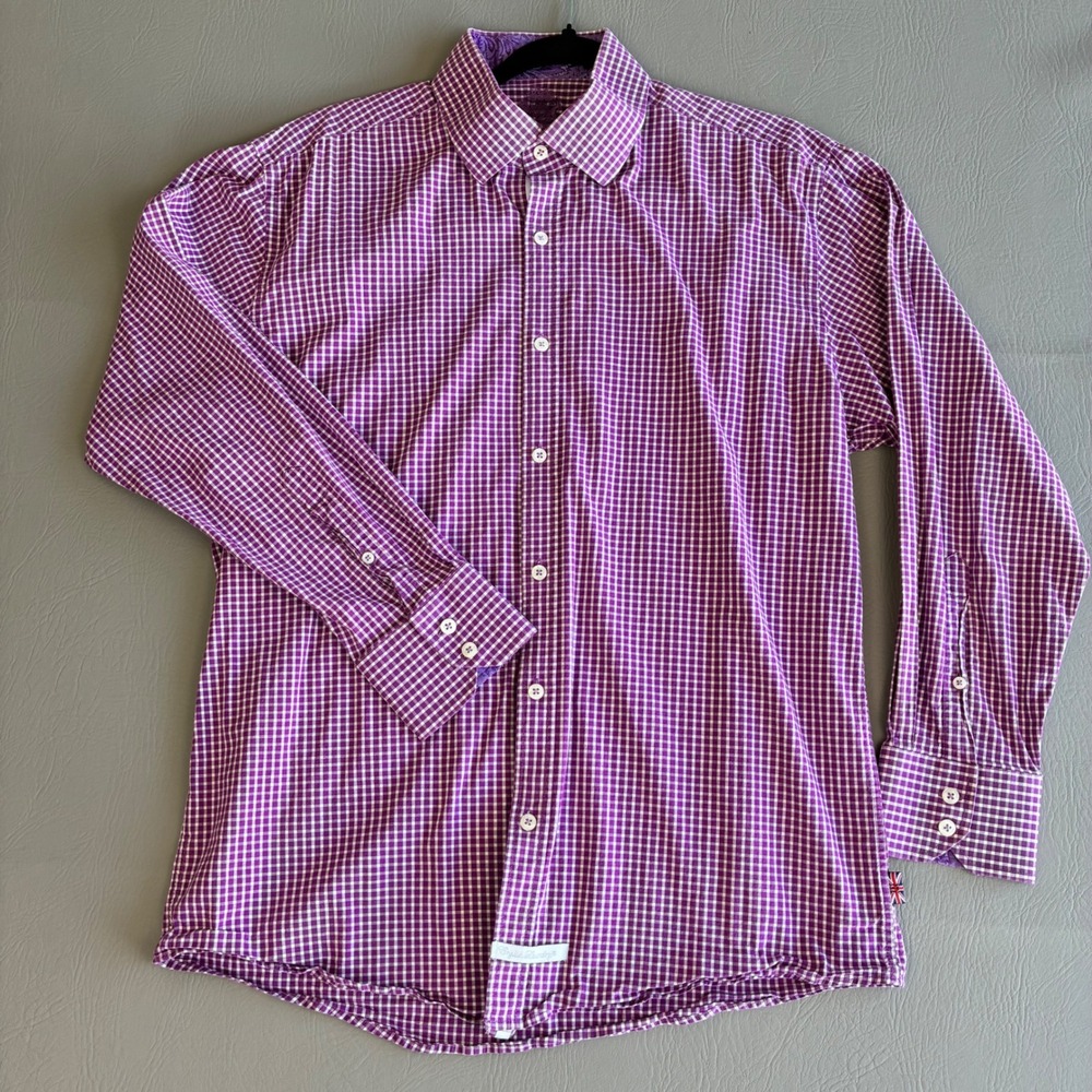 English Laundry Mens XL Purple Gingham Check Flip Cuff Paisley Dress Shirt